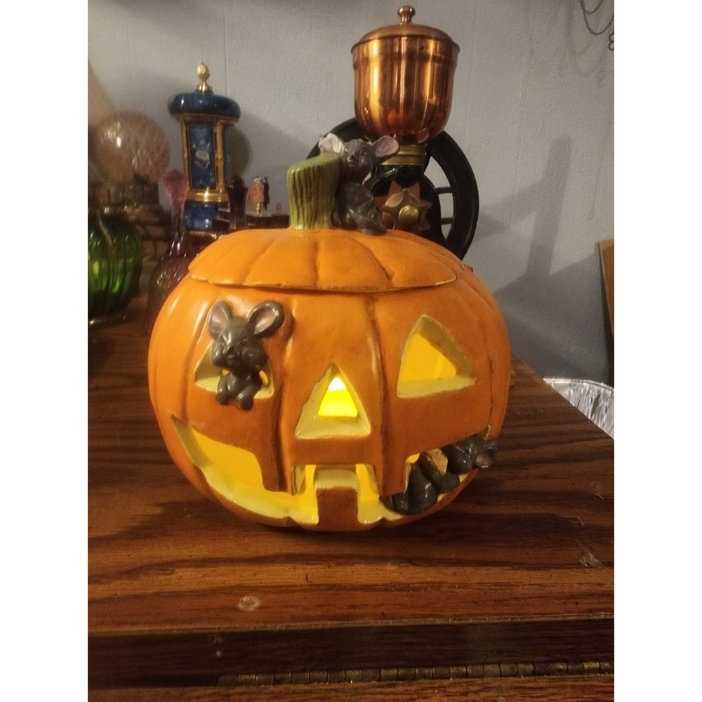 Vintage Ceramic Lidded‎ Tea Light Jack O Lantern Candle Votive Holder With Mice